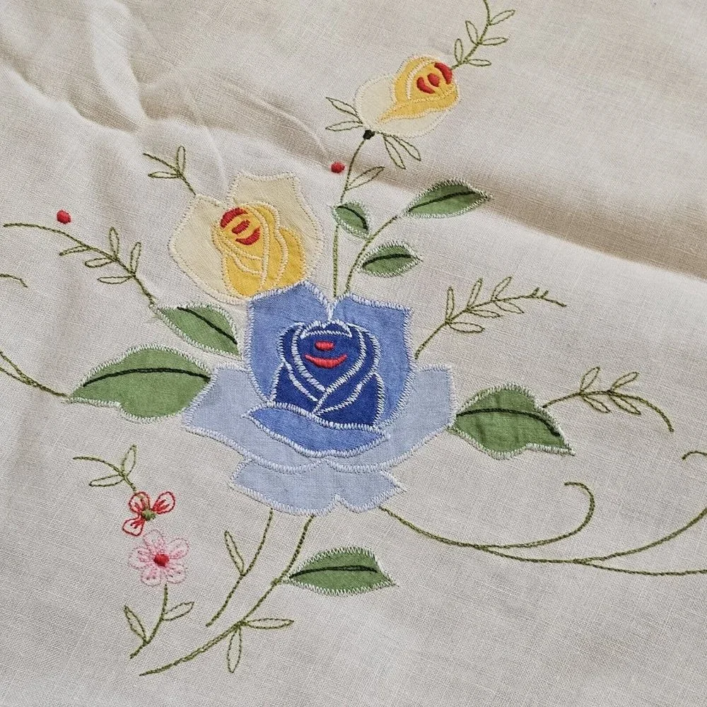 Rectangle Tablecloth Floral Blue Yellow Embroidered 12 Napkins White 63 X 100‎